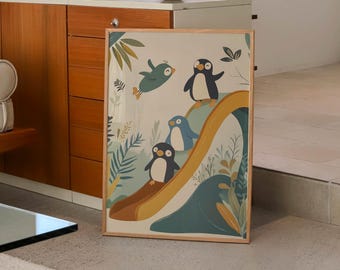 Cute Penguin Nursery Wall Art Printable, Digital Download Arctic Animal Baby Room Decor, Adorable Winter Nursery Penguin Poster Set