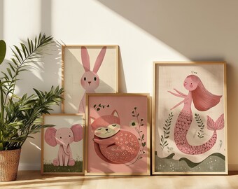 Pink Animal Nursery Prints: Boho Baby Girl Room Decor (Digital Download)
