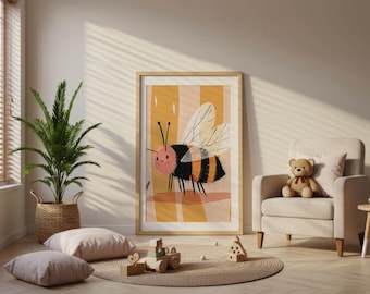 Arte de pared imprimible con diseño de abejas para habitación de bebé - Decoración adorable para habitación de bebé con abejorro - Póster digital neutro para guardería para descarga instantánea