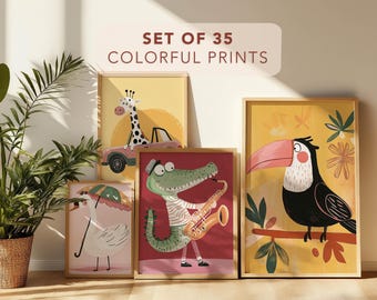 Colorful Quirky Animal Nursery Wall Art Set Printable | Fun Kids Room Decor | Digital Download Baby Room Prints | Playroom Art for Children