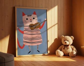 Whimsical Quirky Cat Nursery Wall Art Print Set for Kids Room Decor, Digital Download Cat Illustrations for Baby Boy or Girl Bedroom