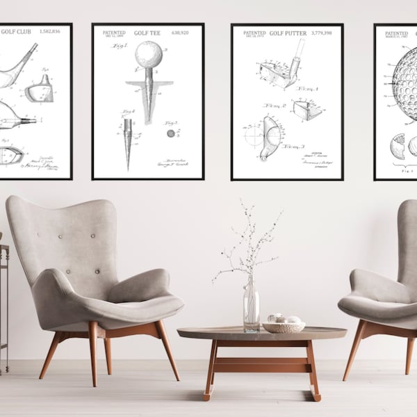 Golf Patent Print Digital Download Set of 4, Golf, Golf Ball, Golf Tee, Club, Golf Wall Art, Golf Gift, Dad Gift, INSTANT DOWNLOAD, White