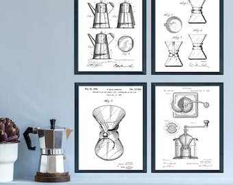 Digital nedladdning av kaffepatent, set med 4, kaffe, Chemex, kaffekvarn, tryck av kaffepatent, kaffeuppfinningar, direkt nedladdning, vit