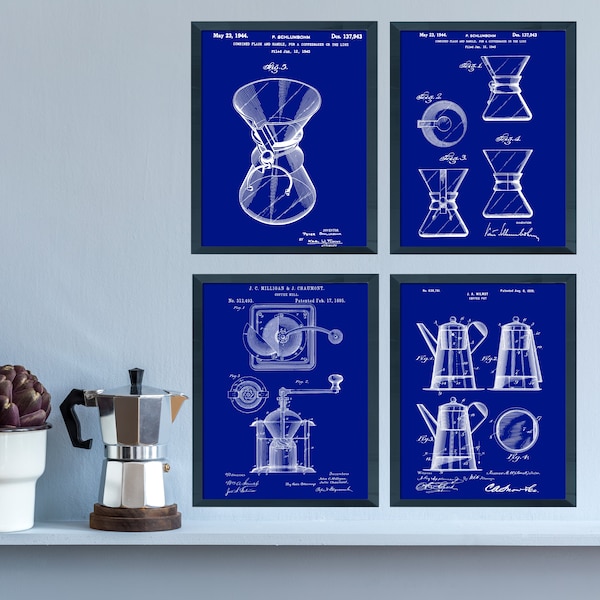 Coffee Patent Blue Print Digital Download Set of 4, Coffee, Chemex, Coffee Mill, Print Coffee Patents, Coffee Inventions, INSTANT DOWNLOAD