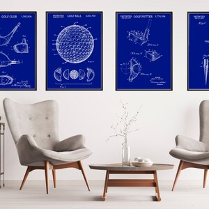 Golf Patent Blue Print Digital Download Set of 4, Golf, Golf Ball, Golf Tee, Club, Wall Art, Golf Gift, Dad Gift, INSTANT DOWNLOAD, Blue