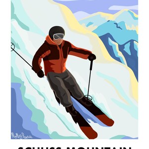 May include: A skier in a red jacket and black pants is skiing down a snowy mountain slope. The sky is blue with white clouds. The mountains are covered in snow. The text "SCHUSS MOUNTAIN 44°56'28.0"N 85°07'59.4"W" is at the bottom of the image.