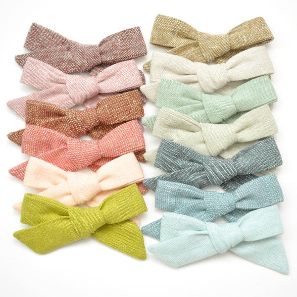 SMALL Linen Evy bows in 13 colors-Baby Headband-Large Hand-Tied Hair Bow-Cotton Schoolgirl Bow-Hairbow-Nylon Headband - Toddler Hair Clip