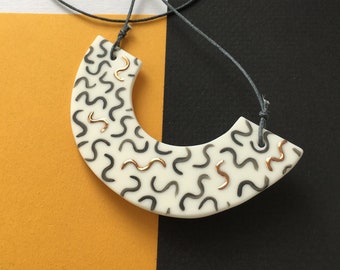 Illustrated Parian Porcelain and Copper Lustre Arc Necklace - Noodle Pattern - Adjustable Length