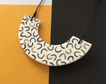 Illustrated Parian Porcelain and Copper Lustre Arc Necklace - Curve Pattern - Adjustable Length