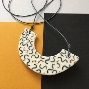 Illustrated Parian Porcelain and Copper Lustre Arc Necklace - Noodle Pattern - Adjustable Length