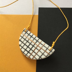 Illustrated Parian Porcelain and Copper Lustre Semi-Circle Necklace - Grid Pattern - Adjustable Length