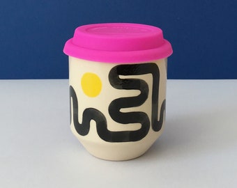 Illustrated Ceramic Travel Cup - Wiggly Line / White Stoneware - Wiggle Wavy Hand Painted Drawing