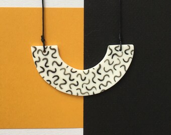 Illustrated Parian Porcelain Arc Necklace - Noodle Pattern - Adjustable Length