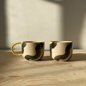Ceramic Coffee Tumbler / Handmade Handle-less Mug / Minimal No Handle Cup / Hand-drawn Illustrated Monochrome Wave Pattern / White Stoneware image 2