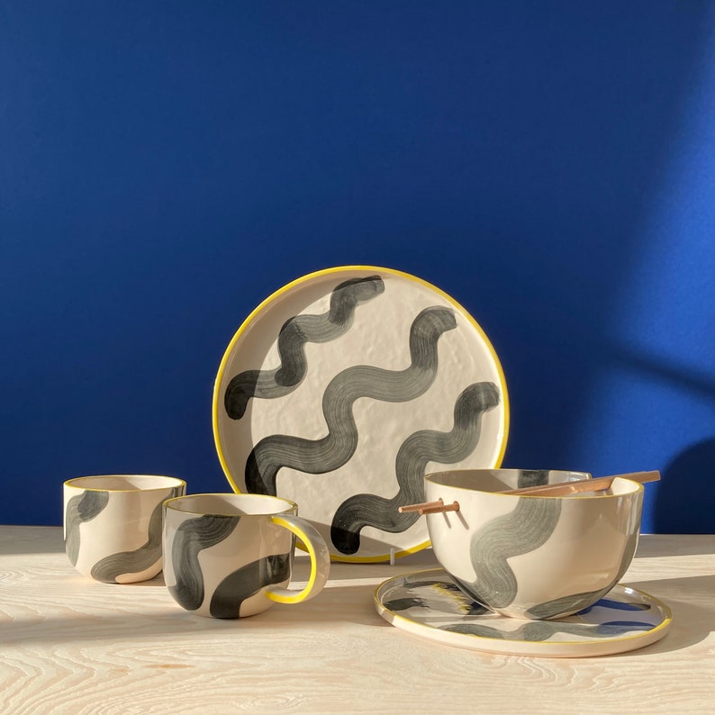 Ceramic Coffee Tumbler / Handmade Handle-less Mug / Minimal No Handle Cup / Hand-drawn Illustrated Monochrome Wave Pattern / White Stoneware image 5