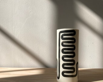 Wiggle Vase - Handmade and Illustrated Parian Porcelain Vase with Handpainted Wiggly Line - Playful Monochrome