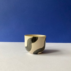 Ceramic Coffee Tumbler / Handmade Handle-less Mug / Minimal No Handle Cup / Hand-drawn Illustrated Monochrome Wave Pattern / White Stoneware image 1
