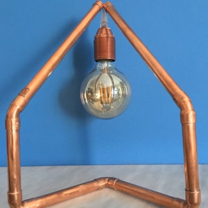 May include: A copper pipe desk lamp with a large, round Edison-style light bulb. The lamp has a geometric design, with the copper pipes forming a triangular shape. The bulb is suspended in the center, and the lamp is set against a blue background.