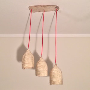 Pendant light | rope | driftwood | red fabric cable | Home decor | Dinning room pendant light | One of a kind