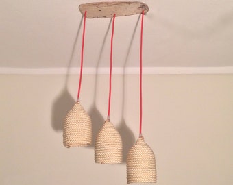 Pendant light | rope | driftwood | red fabric cable | Home decor | Dinning room pendant light | One of a kind