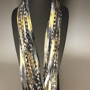 Italian Ladder Ribbon Scarf: Black, Gold & Silver Elegant Trellis