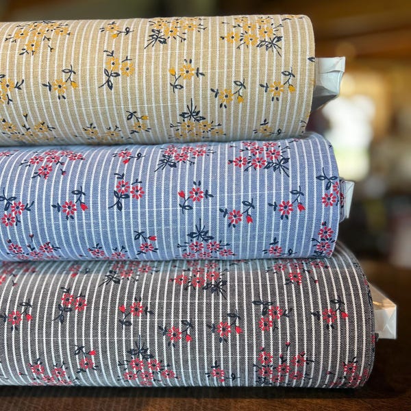 Linnen Katoenmix stof zwart/blauw/gele streep met bloemen madeliefjesontwerp - geweldig voor jurken, rokken, blouses