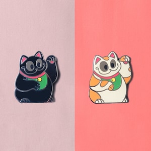 Maneki Neko Enamel Pins // Cat Pins, Black Cat Pin, Good Luck Cat, Orange White Cat