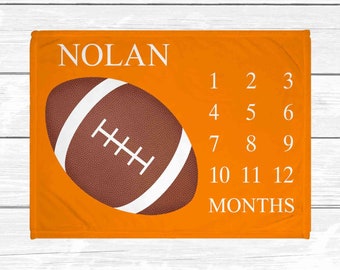 Orange Football Milestone Blanket - Personalized Baby Boy Monthly Milestone Blanket - Baby Sports Blanket