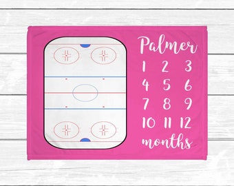 Hockey Pink Baby Milestone Blanket - Baby Girl Milestone Blanket- Monthly Baby Blanket - Pink Hockey Baby Blanket - Sport Blanket