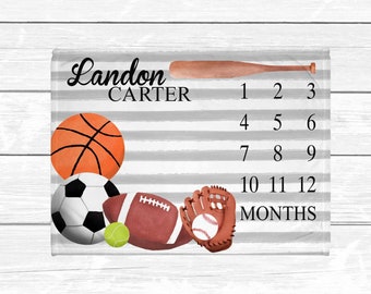 Sports Milestone Blanket - Baby Boy Milestone Blanket - Monthly Blanket - Sports Nursery - Baseball Football Basketball Baby Age Blanket