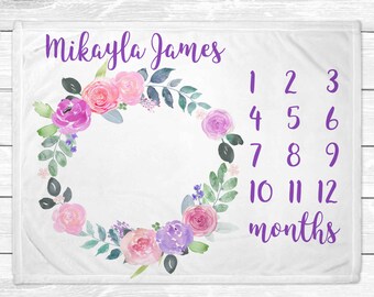 Purple Watercolor Floral Monthly Milestone Blanket - Custom Baby Milestone Blanket - Monthly Blanket  - Baby Shower Gift