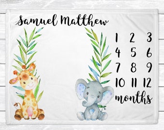 Jungle Animals Baby Milestone Blanket - Giraffe Elephant Personalized Blanket - Animal Nursery Decor - Animal Monthly Baby Blanket