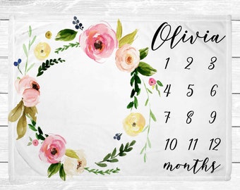 Watercolor Flowers Monthly Baby Milestone Blanket - Baby Girl Floral Milestone Blanket - Monthly Baby Milestone - Baby Age Blanket