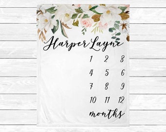 Magnolia Monthly Baby Milestone Blanket - Magnolia Nursery Decor - Monthly Milestone Blanket - Baby Age Blanket - Baby Shower Gift