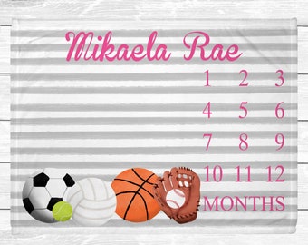 Sports Milestone Blanket - Baby Girl Milestone Blanket - Monthly Blanket - Sports Nursery Decor - Volleyball Basketball Baby Blanket