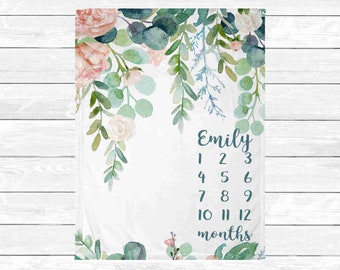 Floral Baby Age Blanket - Personalized Milestone Blanket Girl - Flower Monthly Blanket - Monthly Baby Milestone Blanket - Baby Shower Gift