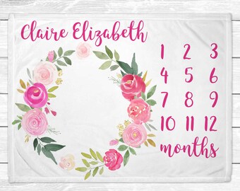 Baby Girl Milestone Blanket - Pink Flowers Baby Blanket - Monthly Baby Blanket  - Floral Month Blanket Girl - Baby Gift