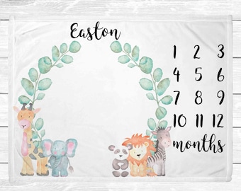 Animal Milestone Blanket - Monthly Baby Blanket - Watercolor Zoo Animals Newborn Nursery - Personalized Baby Shower Gift - Gender Neutral