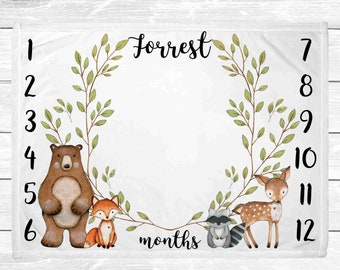 Woodland Animals Milestone Blanket 50x60 - Weeks Months Years Baby Milestone - Monthly Baby Growth Blanket - Growth Tracker - Baby Blanket