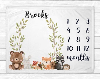 Woodland Monthly Baby Milestone Blanket - Monthly Baby Blanket - Woodland Animals Newborn Nursery - Baby Age Blanket - Baby Shower Gift