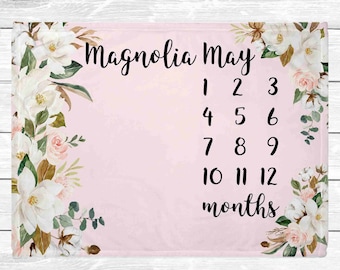 Magnolia Milestone Blanket - Baby Age Blanket - Monthly Baby Milestone Blanket - Floral Monthly Baby Milestone - Milestone Blanket Girl