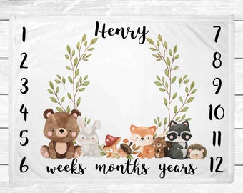 Woodland Animals Monthly Baby Milestone 50x60 - Weeks Months Years Baby Growth Blanket- Woodland Animals- Baby Age Blanket - Growth Tracker