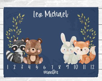 Woodland Nursery - Milestone Blanket Boy - Boy Blue Monthly Baby Blanket - Woodland Animals Newborn Nursery - Baby Shower Gift