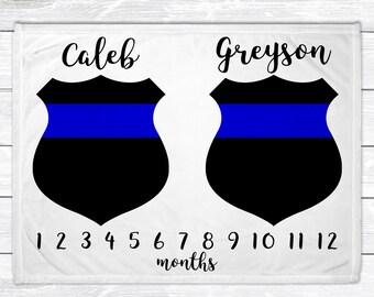 Twin Baby Milestone Blanket- Police Milestone Blanket - LEO Newborn Nursery - Twin Baby Age Blanket - Baby Shower Gift