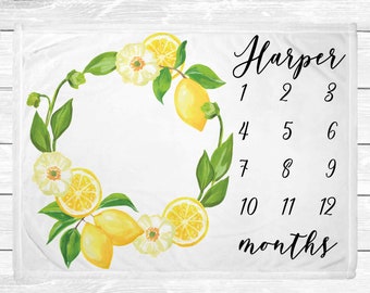 Lemon Monthly Baby Milestone Blanket - Lemon Floral Nursery Decor - Milestone Blanket Girl - Baby Age Blanket - Baby Shower Gift