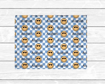 Smiley Face Checkered Blue Blanket - Toddler Boy Plush Minky Personalized Blanket -  Daycare Name Blanket - Happy Face Groovy Retro Blanket