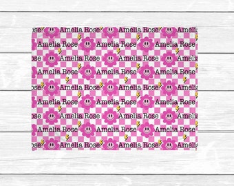 Smiley Face Checkered Girl Blanket - Pink Happy Face - Groovy Retro - Toddler Girl Personalized Blanket - Minky Plush Daycare Blanket