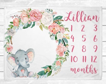 Elephant Monthly Baby Milestone Blanket - Milestone Blanket Girl - Elephant Nursery Decor - Baby Age Blanket - Baby Growth Tracker