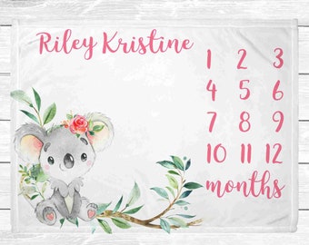 Koala Monthly Baby Milestone Blanket - Milestone Blanket Girl -  Koala Baby Decor - Baby Age Blanket - Baby Shower Gift - Monthly Blanket