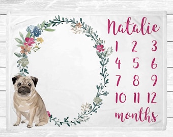 Pug Monthly Baby Milestone Blanket - Monthly Girl Milestone Blanket - Pug Nursery Decor - Baby Age Blanket - Baby Shower Gift